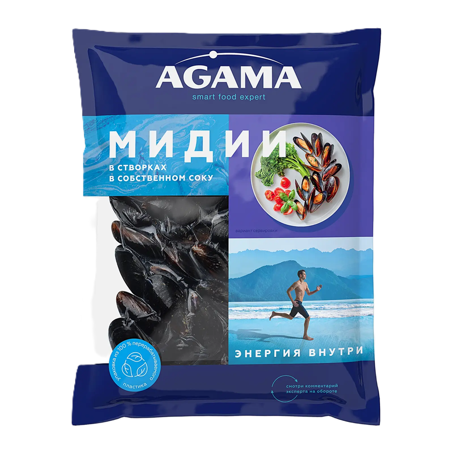 ЭЙСБЕР маркет Мидии в створках Agama варено-мороженые в собственном соку 450г